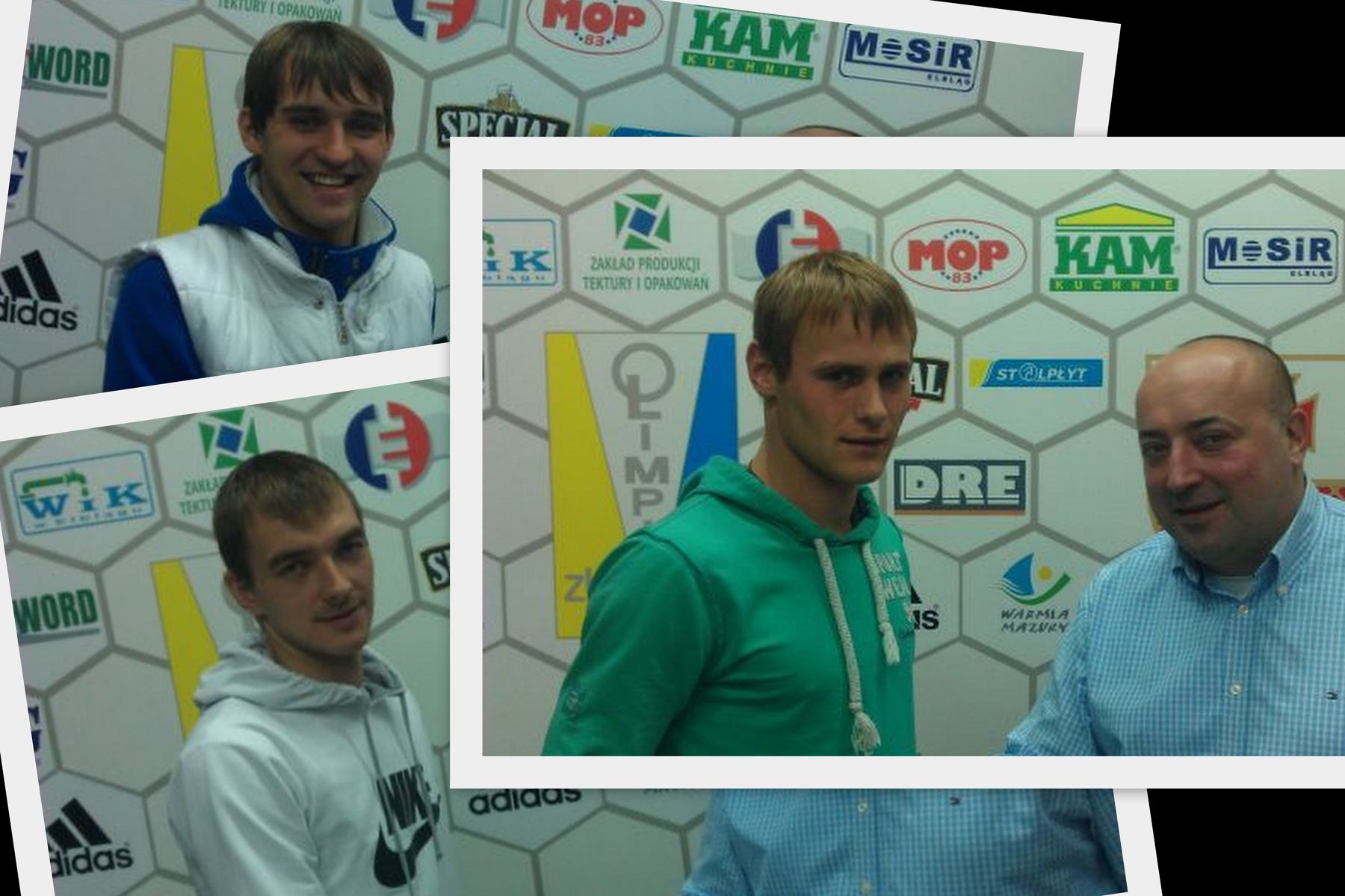 Michaił Kaliadka (z prawej) oraz Nikołaj Borsukow (zdjęcie na dole) i Aleksandr Tiszkiewicz (zdjęcie na górze) podpisali umowy z Olimpią Elbląg. Fot. Olimpia Elbląg